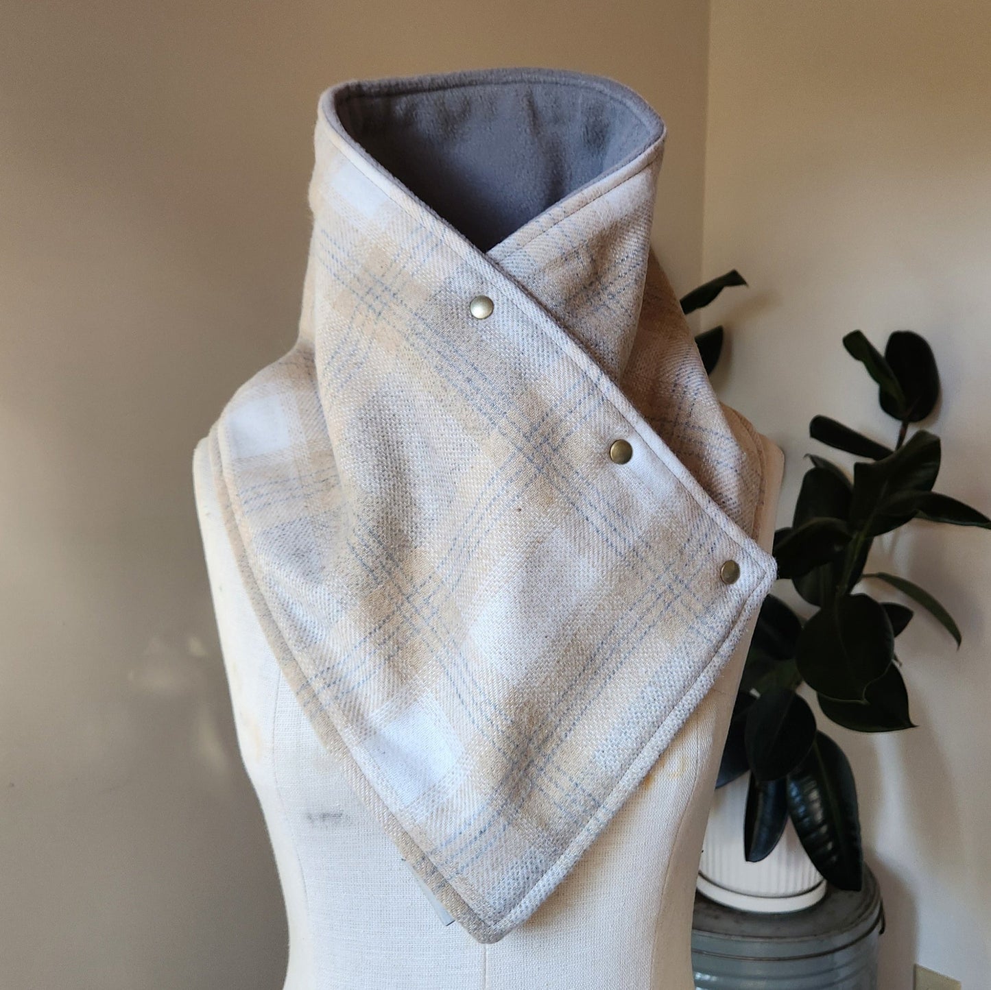 Snap Cowl-Gray & Beige Plaid